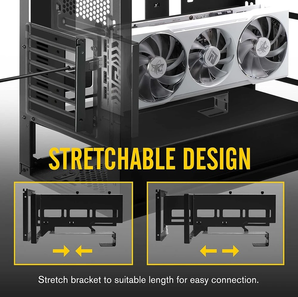 Ezdiy-fab vertikalus pcie 4.0 gpu laikiklis grafikos kortos laikiklis vaizdo plokštės vga palaikymo rinkinys su pcie 4.0 x16 gen4 17 cm/6.69 colio riser kabeliu 90 laipsnių stačiu kampu juodas
