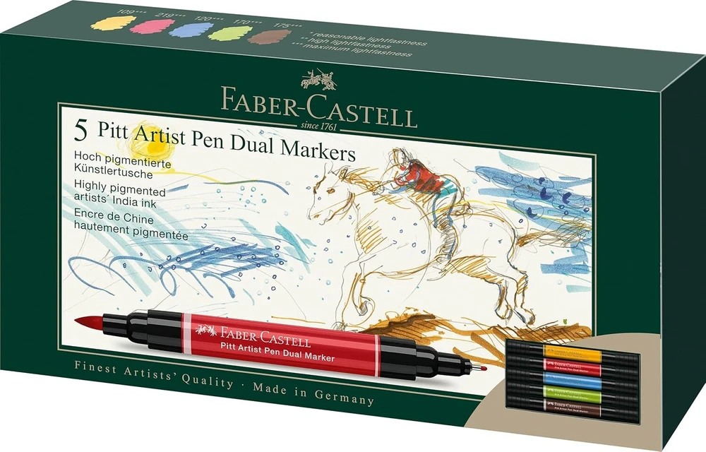 Faber-castell 162005 pitt artist pen dual marker rašiklis su dviem galiukais, teptuko galiuku ir metaliniu apvalkalu, 5 vnt.
