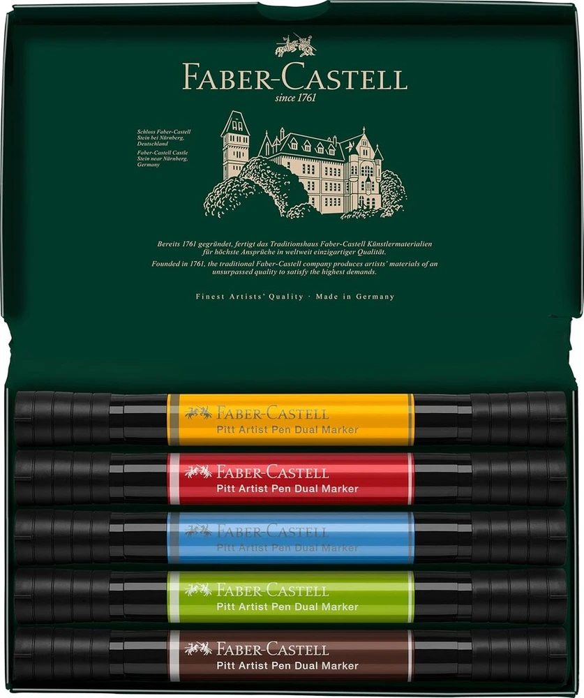 Faber-castell 162005 pitt artist pen dual marker rašiklis su dviem galiukais, teptuko galiuku ir metaliniu apvalkalu, 5 vnt.
