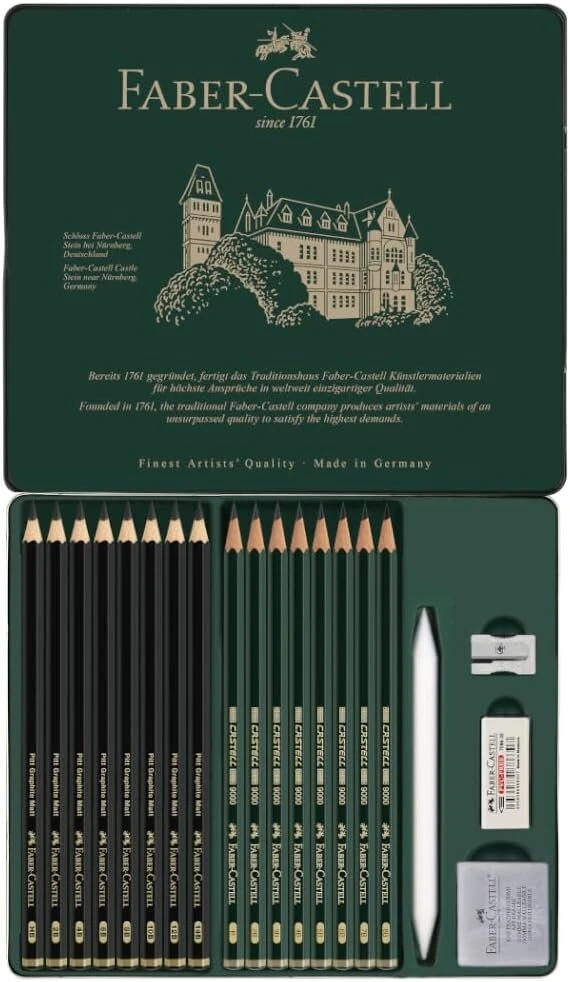Faber-castell Pitt Graphite Matt & Castell 9000 115224 pieštukų rinkinys, 20 vienetų, įskaitant popieriaus valiklį, trintuką, minkomą trintuką ir drožtuką
