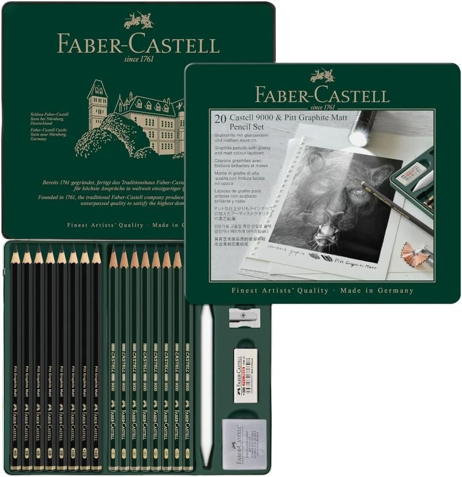 Faber-castell Pitt Graphite Matt & Castell 9000 115224 pieštukų rinkinys, 20 vienetų, įskaitant popieriaus valiklį, trintuką, minkomą trintuką ir drožtuką