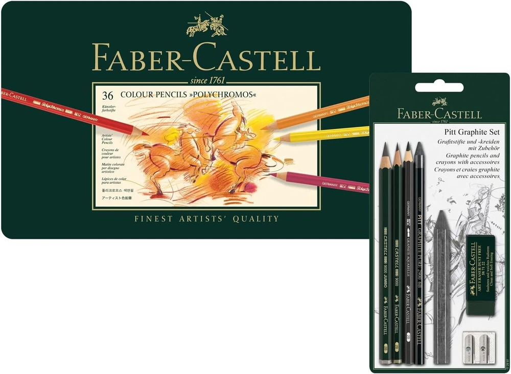Faber-castell Polychromos 110095 spalvoti pieštukai 36 metaliniame dėkle ir Pitt Graphite piešimo rinkinys