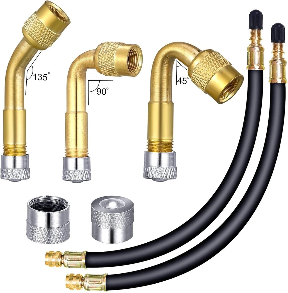 Fanshiontide vožtuvo prailginimo adapteris 45 90 135 laipsnių kampu, automobilio vožtuvas su 12 vožtuvo dangtelių, 2 vožtuvo prailginimo žarnos automobiliui, motociklui, dviračiui su schrader ventiliais