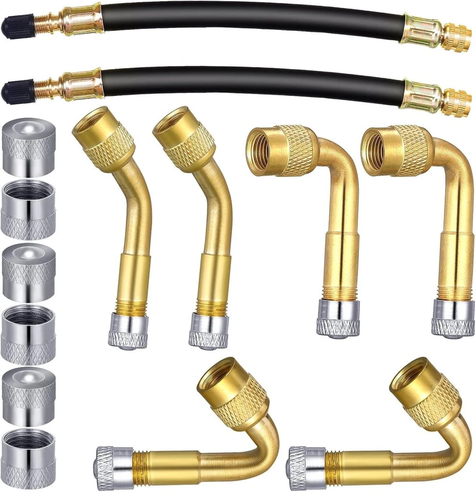 Fanshiontide vožtuvo prailginimo adapteris 45 90 135 laipsnių kampu, automobilio vožtuvas su 12 vožtuvo dangtelių, 2 vožtuvo prailginimo žarnos automobiliui, motociklui, dviračiui su schrader ventiliais