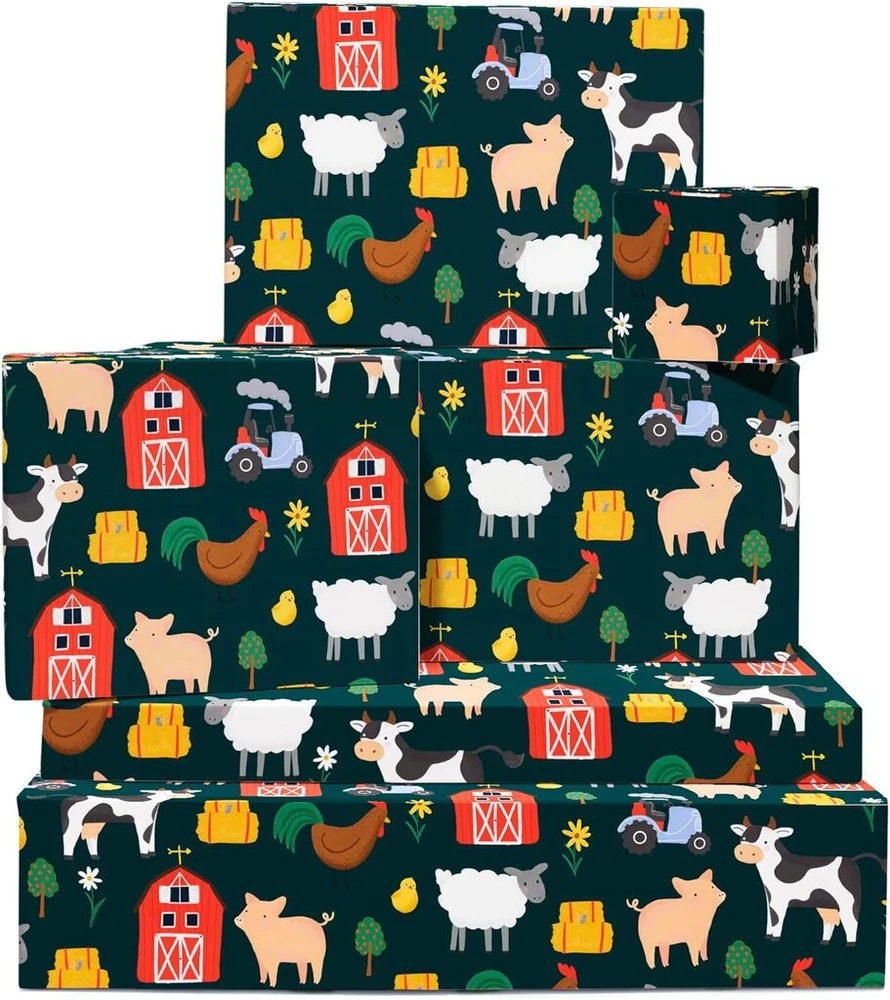 Farm animals dovanų popierius - tamsiai žalias - 6 lapai gimtadienio dovanų popierius - farm - baby shower - mergaitėms ar berniukams - krikštynos - perdirbamas - from central 23
