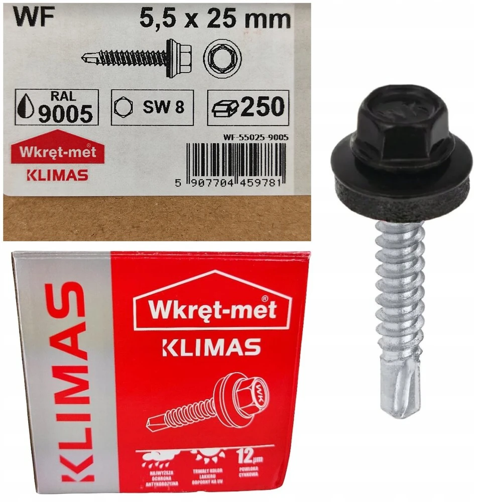 Farmers tipo varžtai metalui 5,5x25, juodos spalvos Ral 9005 Klimas, 250 vnt.