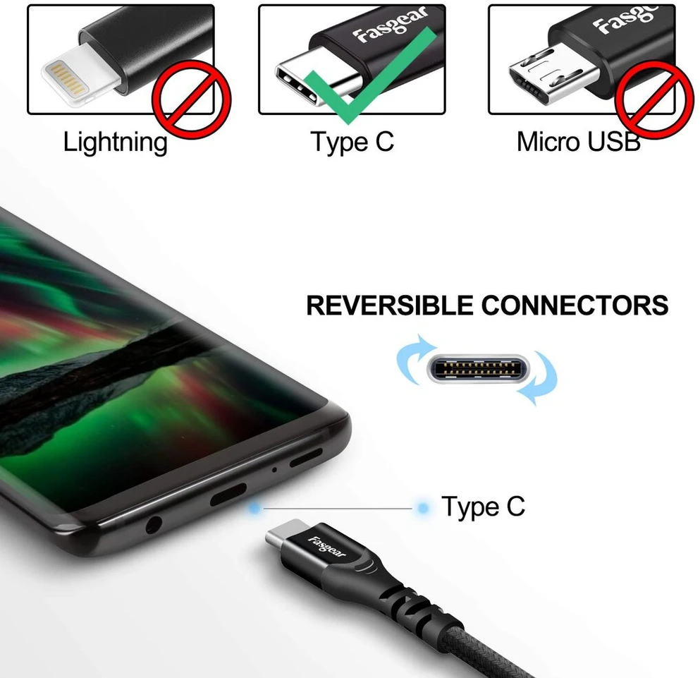 Fasgear Usb C kabelis, 4 vnt. 0,3 m Usb Type C 2.0 kabelis greitam įkrovimui ir didelės spartos duomenų perdavimui, suderinamas su Moto G7 Galaxy S10 One-plus 7 7pro Xperia L1 Hua-wei P20