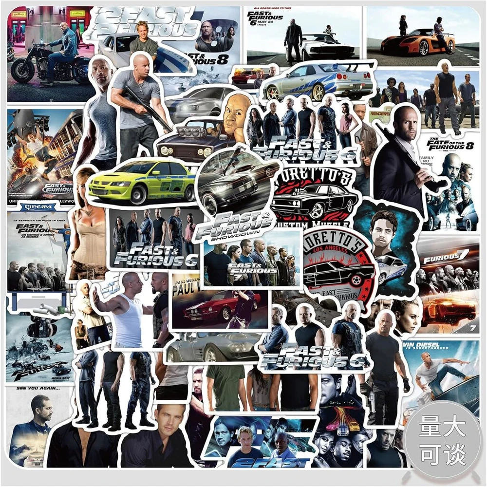 Fast & Furious lipdukai automobiliui nešiojamam kompiuteriui telefonui gitarai riedlentei motociklui dviračiui Fast & Furious lipdukų rinkinys viniliniai vandeniui atsparūs estetiniai lipdukai paaugliams vaikams suaugusiems 50 vnt.