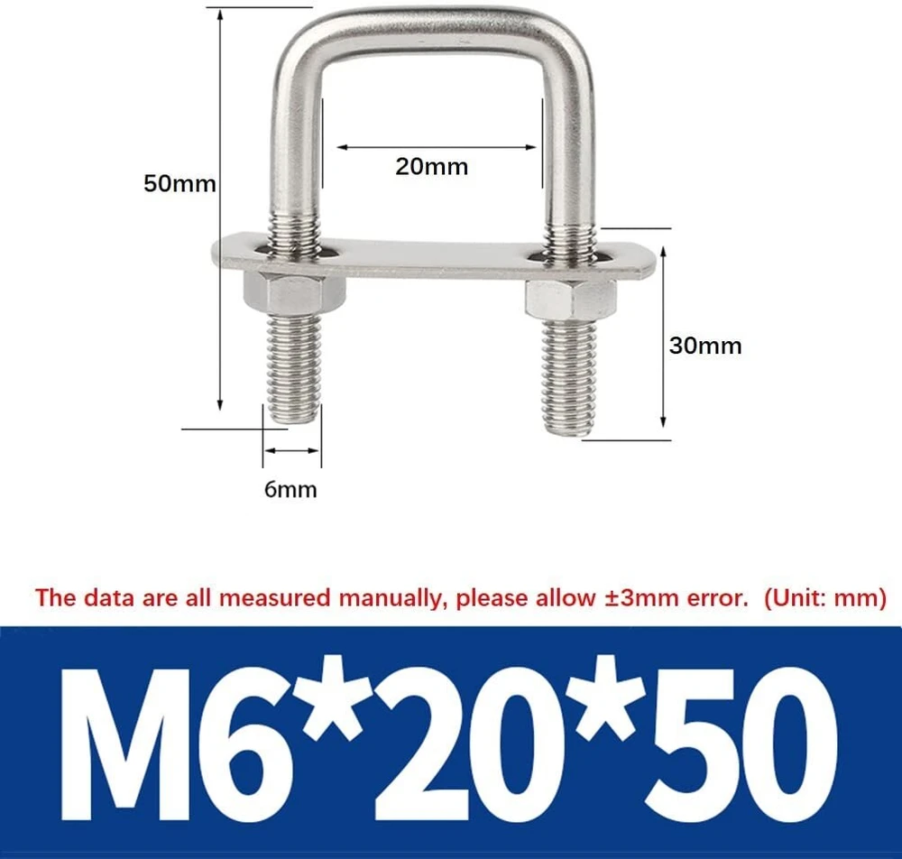 Feeimol kvadratiniai U formos varžtai, nerūdijančio plieno kvadratiniai U formos varžtai su plokšte ir veržlėmis M8 x 50 x 140 mm (2 vnt.)