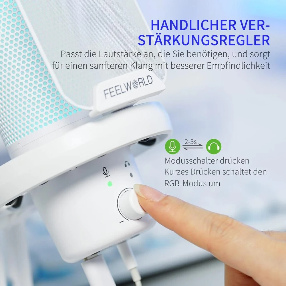Feelworld vm1 usb žaidimų mikrofonas podcast'ų įrašymui, baltas, studijinis pc mikrofonas su nutildymu, triukšmo mažinimu, rgb apšvietimu, apsauginiu tinkleliu nuo purslų, stalinė trikojė