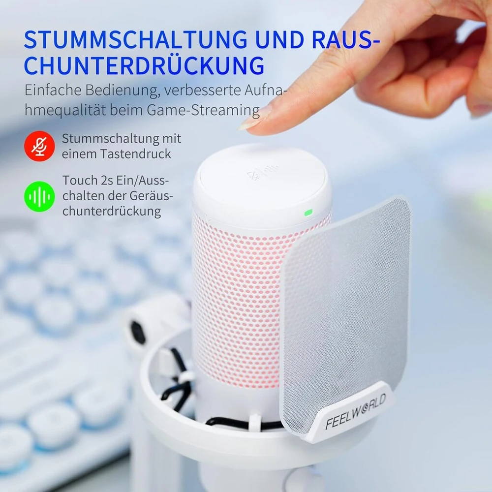 Feelworld vm1 usb žaidimų mikrofonas podcast'ų įrašymui, baltas, studijinis pc mikrofonas su nutildymu, triukšmo mažinimu, rgb apšvietimu, apsauginiu tinkleliu nuo purslų, stalinė trikojė