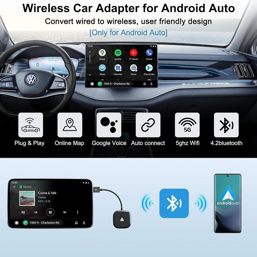 Automagnetola Feinodi belaidis android auto adapteris, konvertuoja laidinį android auto į belaidį, plug & play, skirtas automobiliams su laidiniu android auto ir android telefonais, suderinamas su 98% automobilių