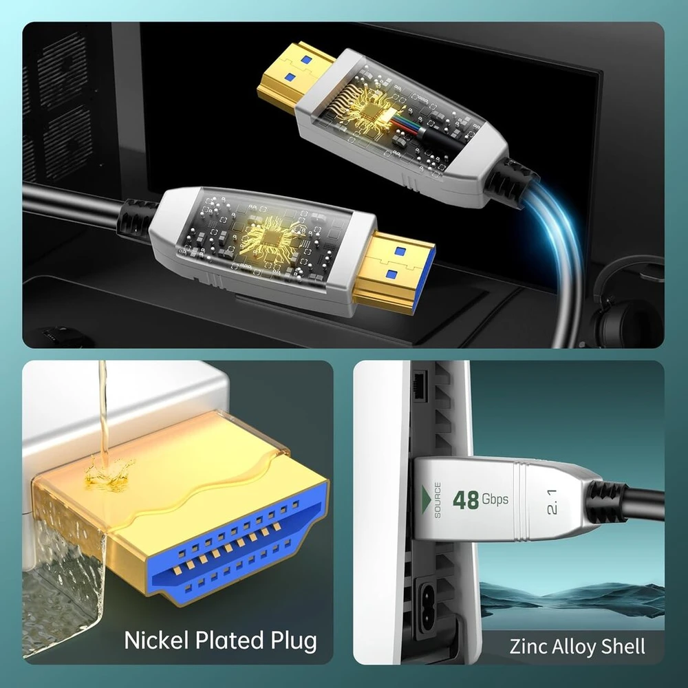 Feizlink 8k Hdmi šviesolaidinis kabelis 5 m, Hdmi 2.1 kabelis 48gbps didelės spartos, 8k @ 60hz 4k @ 120hz dinaminis Hdr Earc Dolby, suderinamas su Blu-ray/tv Box/hdtv/projektoriumi/žaidimų Konsole/avr