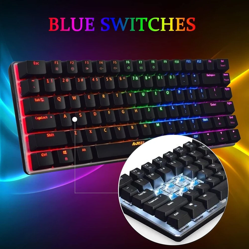 Felicon Ak33 usb laidinė mechaninė žaidimų klaviatūra, 80% mėlynas switch klaviatūra su 19 rgb chroma led apšvietimu, 82 klavišų anti-ghosting metalinis skydelis, skirta pc, mac ir nešiojamam kompiuteriui, juoda