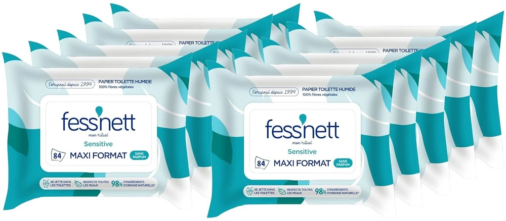 Fess'nett Sensitive drėgnas tualetinis popierius maxi pakuotė 84 lapeliai minkštas ir patvarus aukštos kokybės higieniškas praktiškas visai šeimai pakuotė 10