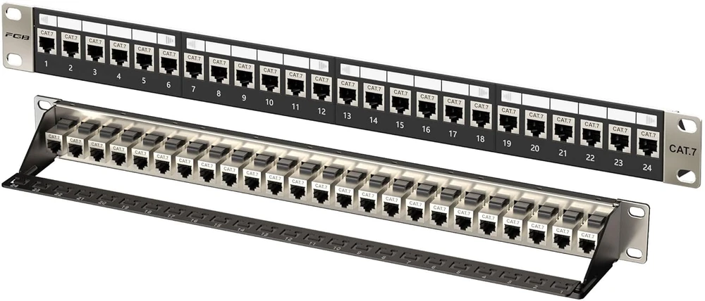 Fgb 10 gbps 1u patch panelis su 24 prievadais ir cat7 rj45 ekranuotu keystone jungikliu, 19 colių stovo arba sieninis patch panelis su galine juosta, tinklo patch panelis, skirtas gigabitiniam tinklo jungikliui