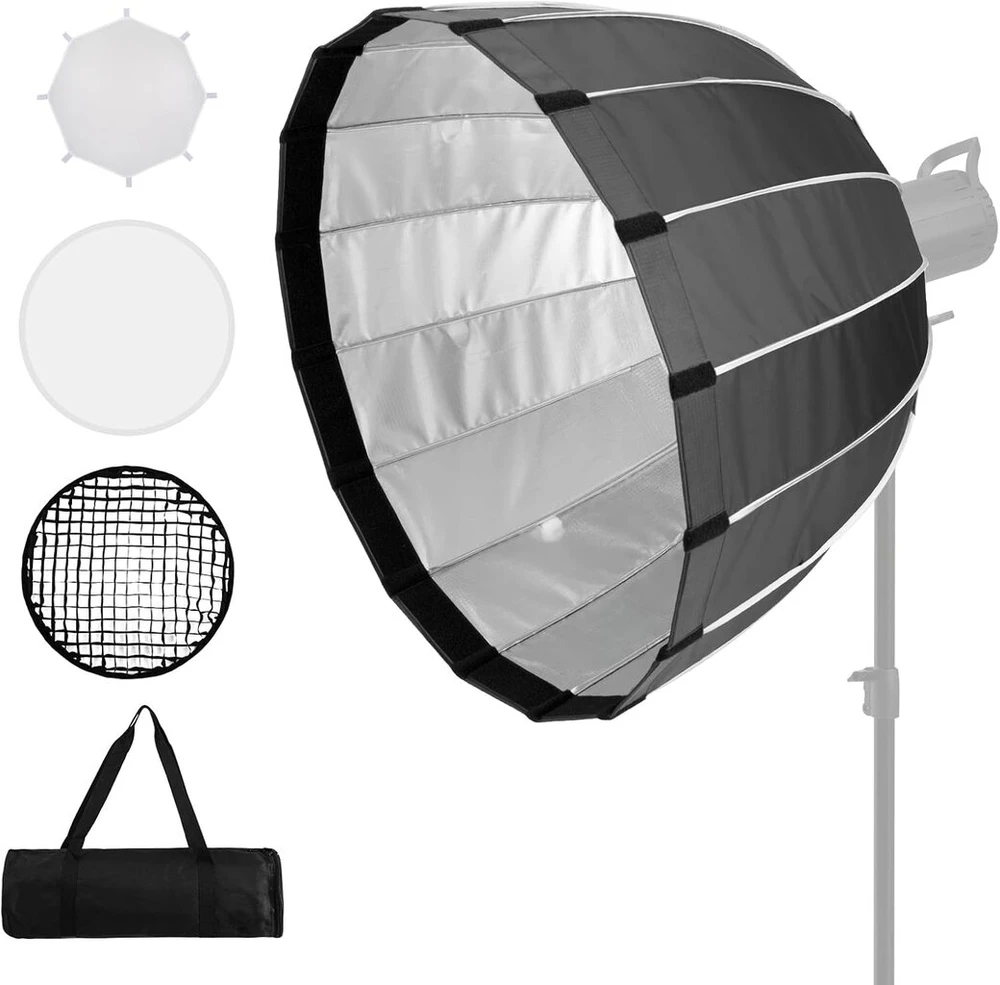 Fgen 70 cm gilus parabolinis softbox su difuzoriumi, korio tinkleliu ir nešiojimo pagrindu, nešiojamas Bowens softbox, tinkamas Bowens jungties nuolatinei šviesai ir studijos apšvietimui