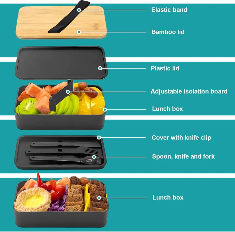 Fhioevt bento pietų dėžutė suaugusiems 1200 ml bento dėžutė japoniško stiliaus 2 aukštų bambuko dangtelis bento dėžutės rinkinys pietų dėžutės su stalo įrankiais ir pietų krepšiu sudedama pietų dėžutė juoda vaikams darbui mokyklai