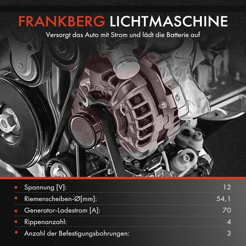 Fiat Frankberg generatorius 70a, suderinamas su 500 312 1.2l 1.4l benzininiais 2007-2024, Punto 199 1.2l 1.4l benzininiais 2013-2024, Panda 169 1.1l-1.4l benzininiais 2003-2013, pakeičia # 5 17006 75 cm