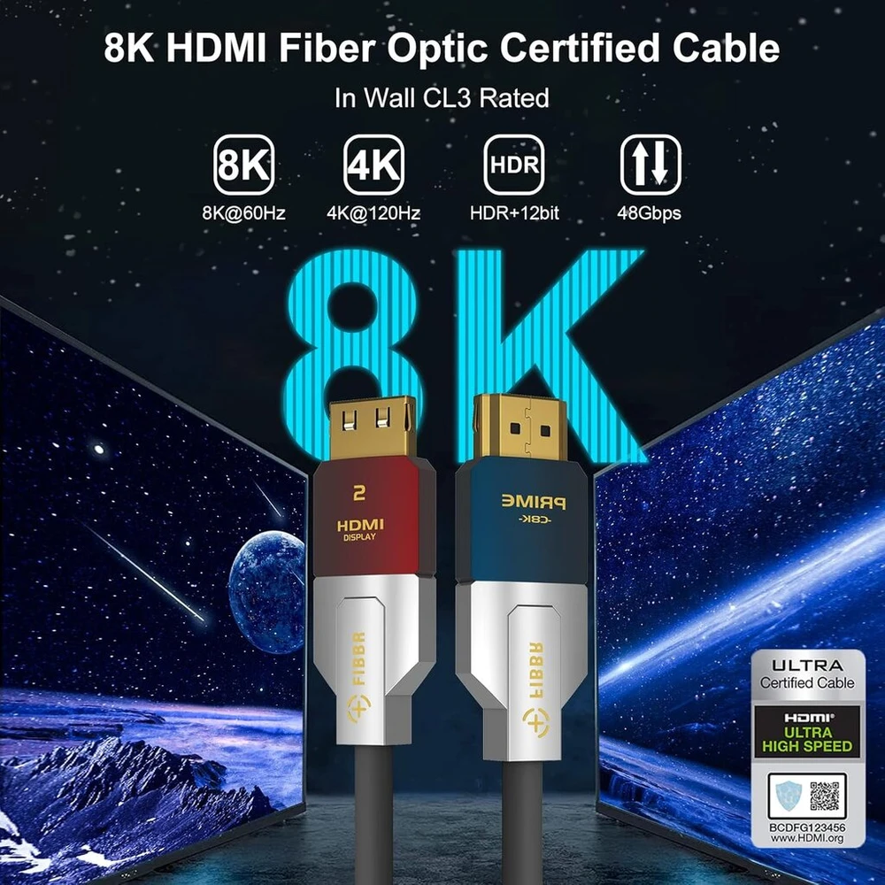 Fibbr 8k Hdmi šviesolaidinis kabelis 30 m, 48 Gbps itin didelės spartos sieninis Cl3 klasės Hdmi 2.1 kabelis
