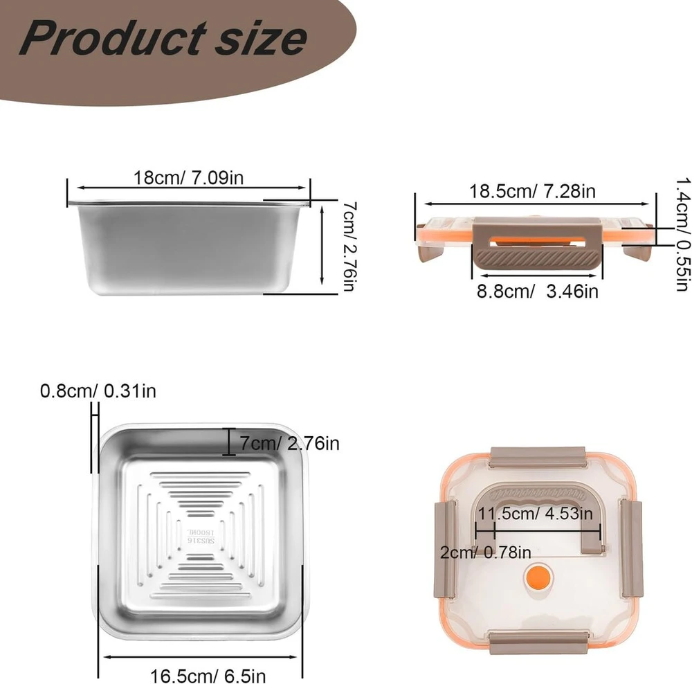 Finelycr bento dėžutė iš nerūdijančio plieno, 1800 ml priešpiečių dėžutė, sandari ir nepralaidi, metalinė priešpiečių dėžutė, kvadratinė, 19,5 x 19,5 x 8,6 cm su rankena, skirta maisto laikymui ir konservavimui