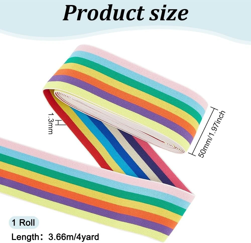 Fingerinspire 3.65 m nailono elastinė juosta, 50 mm pločio, siuvimui, elastinės juostos, plokščia su dryžuotu raštu, elastinė juosta, vaivorykštės elastinė nėrinių apdaila suknelei, juosmeniui, perukų juostoms, siuvimui