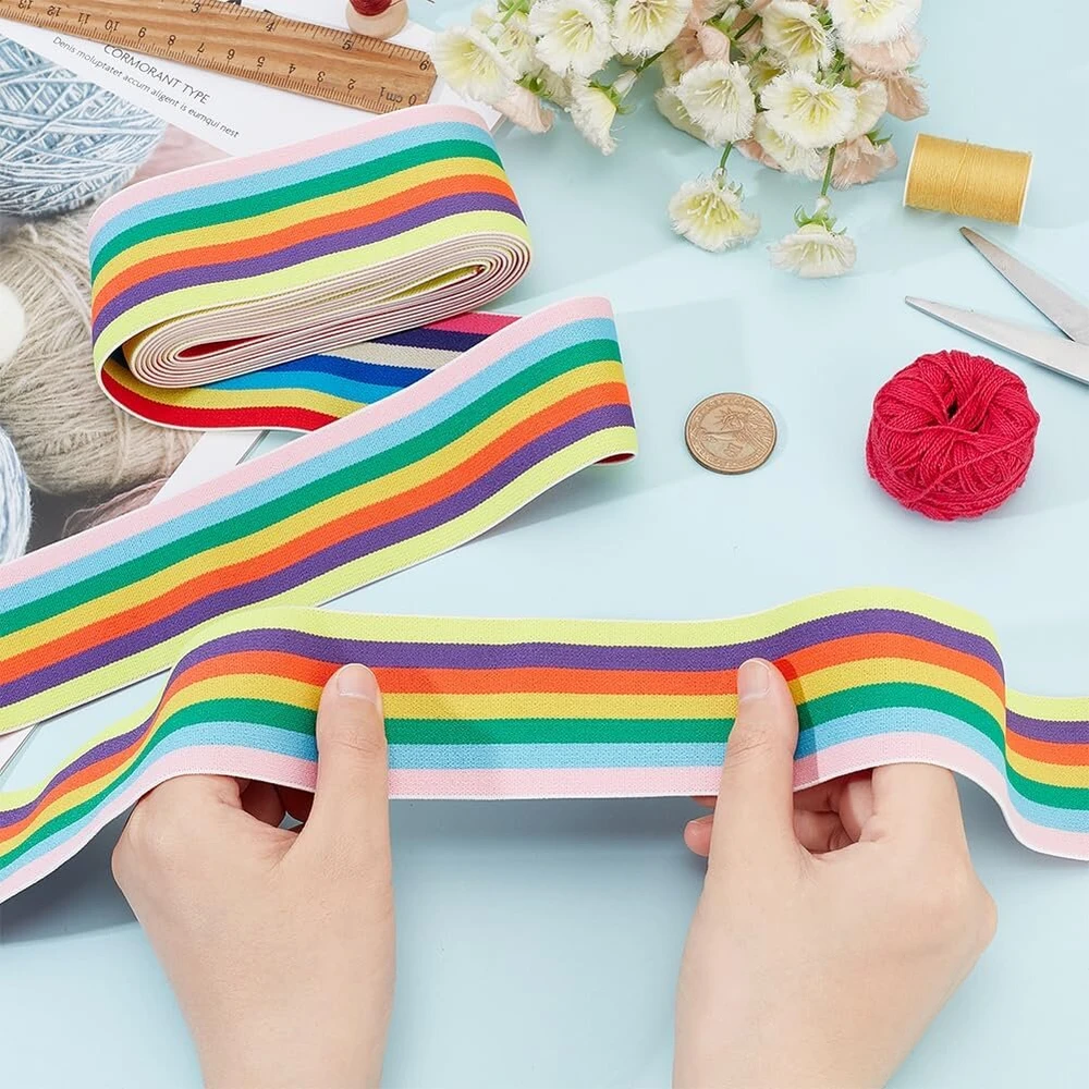 Fingerinspire 3.65 m nailono elastinė juosta, 50 mm pločio, siuvimui, elastinės juostos, plokščia su dryžuotu raštu, elastinė juosta, vaivorykštės elastinė nėrinių apdaila suknelei, juosmeniui, perukų juostoms, siuvimui