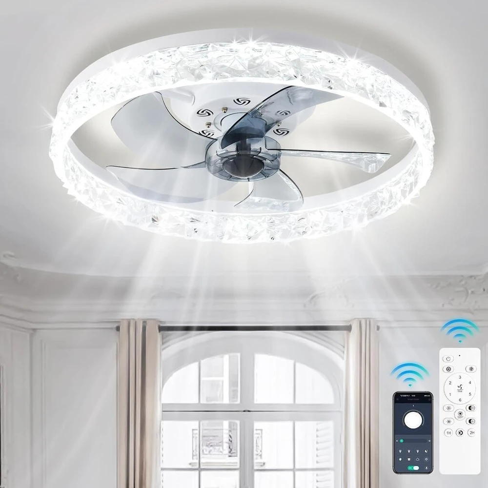 Finktonglan modernūs led lubų ventiliatoriai su apšvietimu ir nuotoliniu valdymu, 50 cm pritemdomas ventiliatorius be menčių, 6 greičių miegamojo ventiliatoriaus lubų šviestuvas, baltas