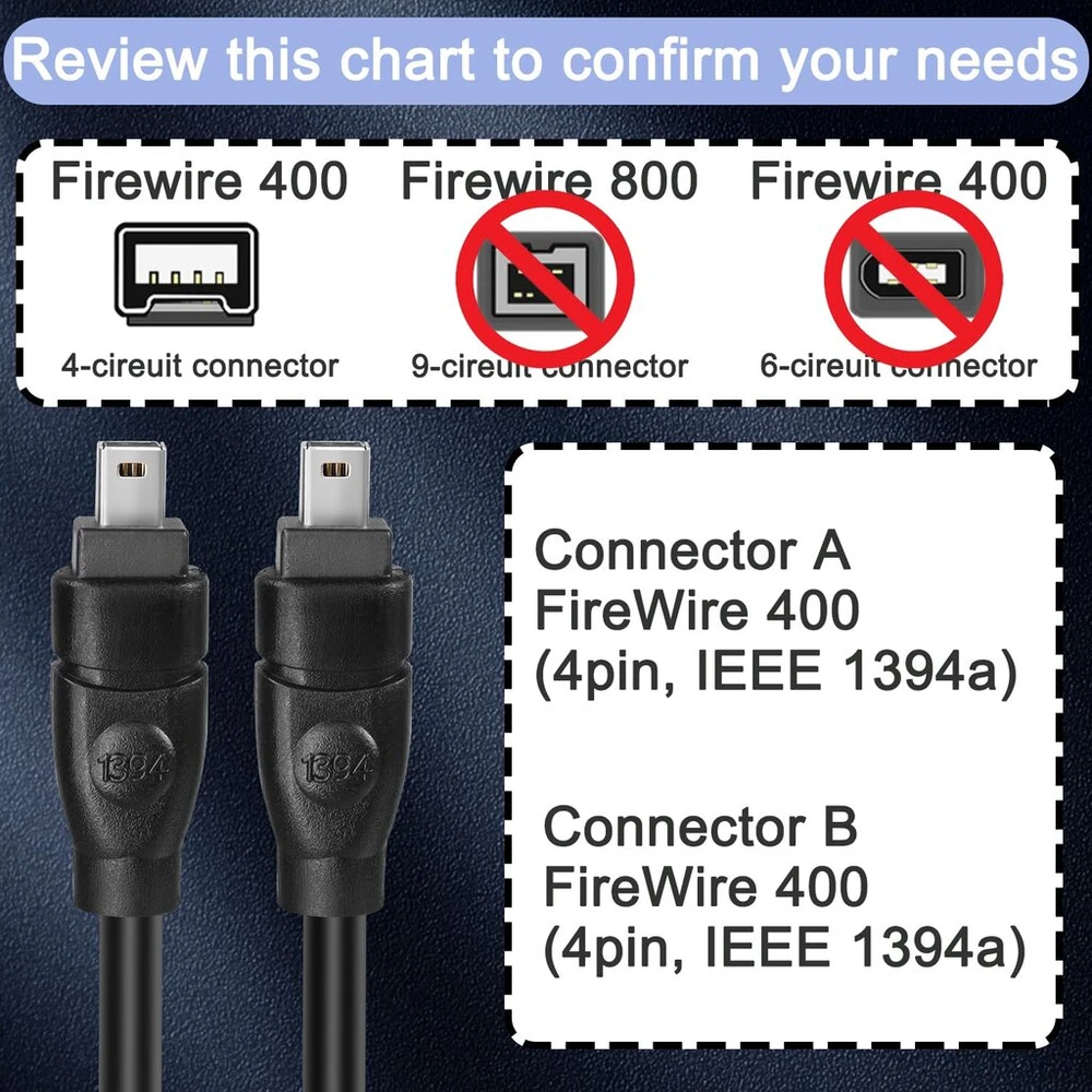Firewire 400 4-pin Ieee 1394 kabelis, 1.8m, vyriškas-vyriškas