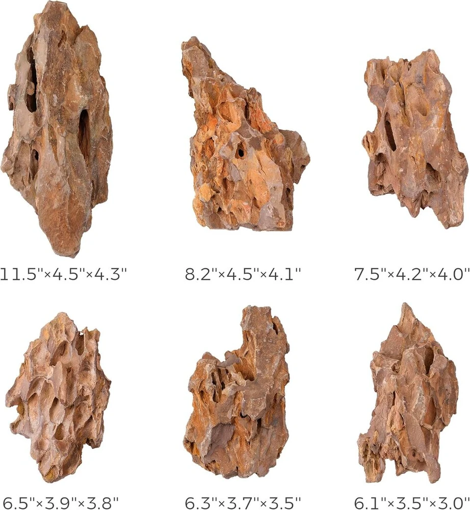 Fiscape 6 natūralūs akvariumo akmenys 15,5–20,5 cm, puikūs akmenys žuvų akvariumo kraštovaizdžio modeliams, akvariumo dekoravimui, amfibijų aptvarui – drakono akmenys