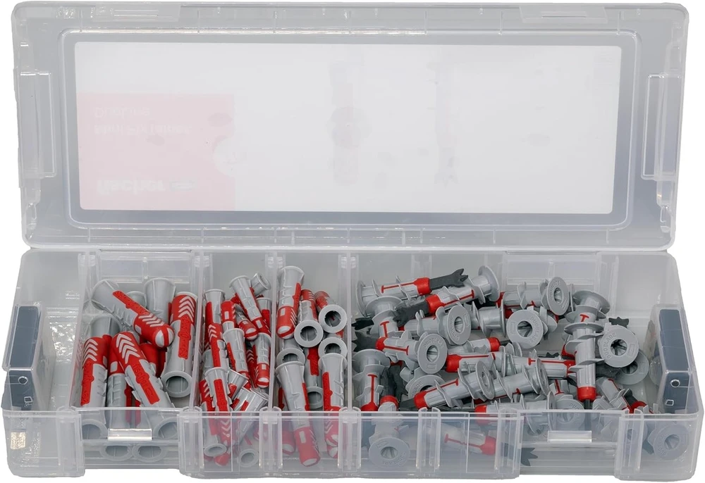 Fischer Mini Fixtainer Duoline 77 dalių kaiščių rinkinys, Duopower universalūs kaiščiai ir Duoblade gipso kartono kaiščiai praktiškoje dėžutėje, universalus rinkinys dažniausiai naudojamoms reikmėms