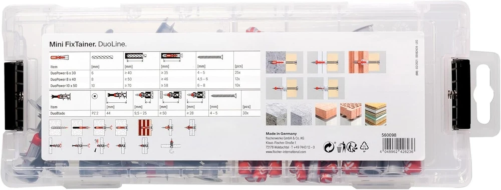 Fischer Mini Fixtainer Duoline 77 dalių kaiščių rinkinys, Duopower universalūs kaiščiai ir Duoblade gipso kartono kaiščiai praktiškoje dėžutėje, universalus rinkinys dažniausiai naudojamoms reikmėms