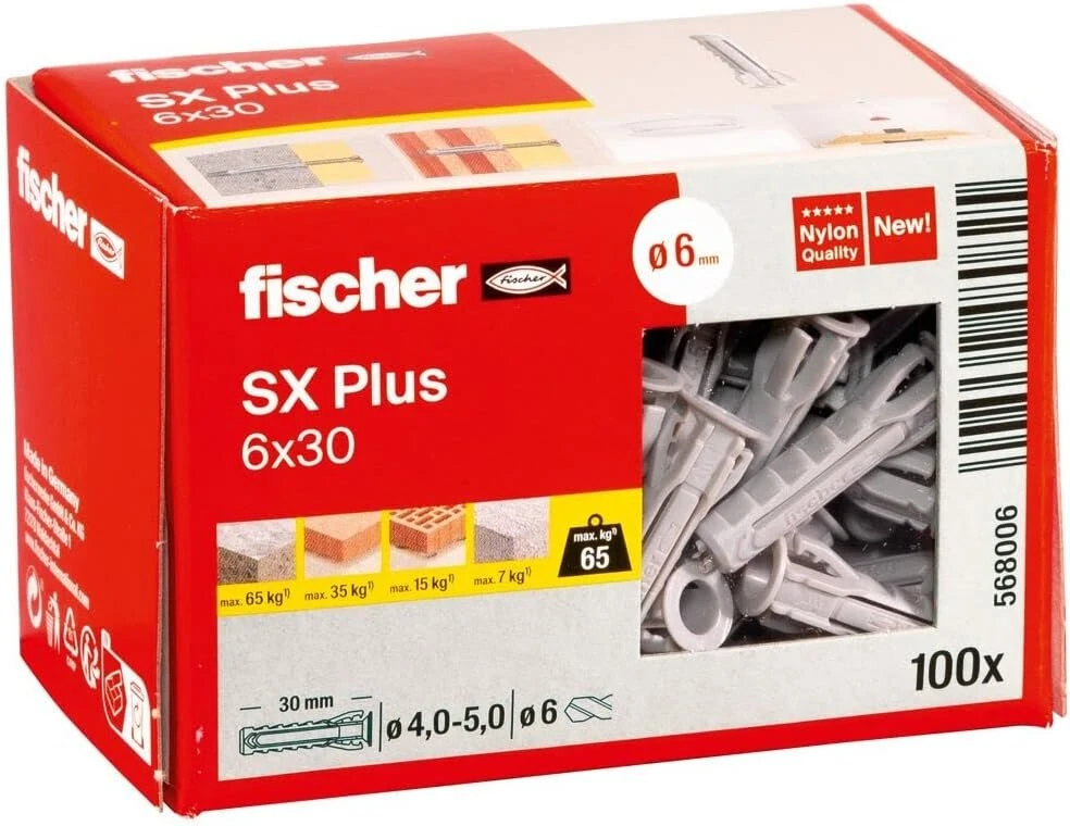 Fisher Fischer Expansion dowels sx plus 6 x 30, dėžutė su 100 nailoninių kaiščių, kaiščiai optimaliam tvirtinimui betone, pilnoje plytoje, akyto betono, perforuotose plytose ir daugelyje kitų.