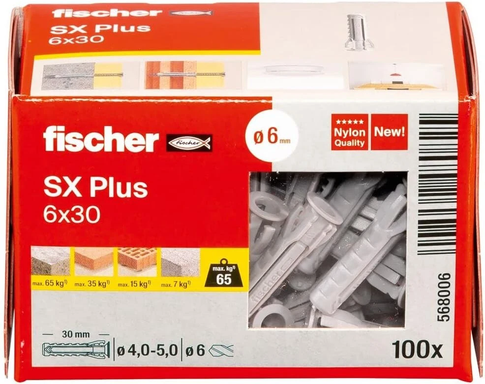 Fisher Fischer Expansion dowels sx plus 6 x 30, dėžutė su 100 nailoninių kaiščių, kaiščiai optimaliam tvirtinimui betone, pilnoje plytoje, akyto betono, perforuotose plytose ir daugelyje kitų.