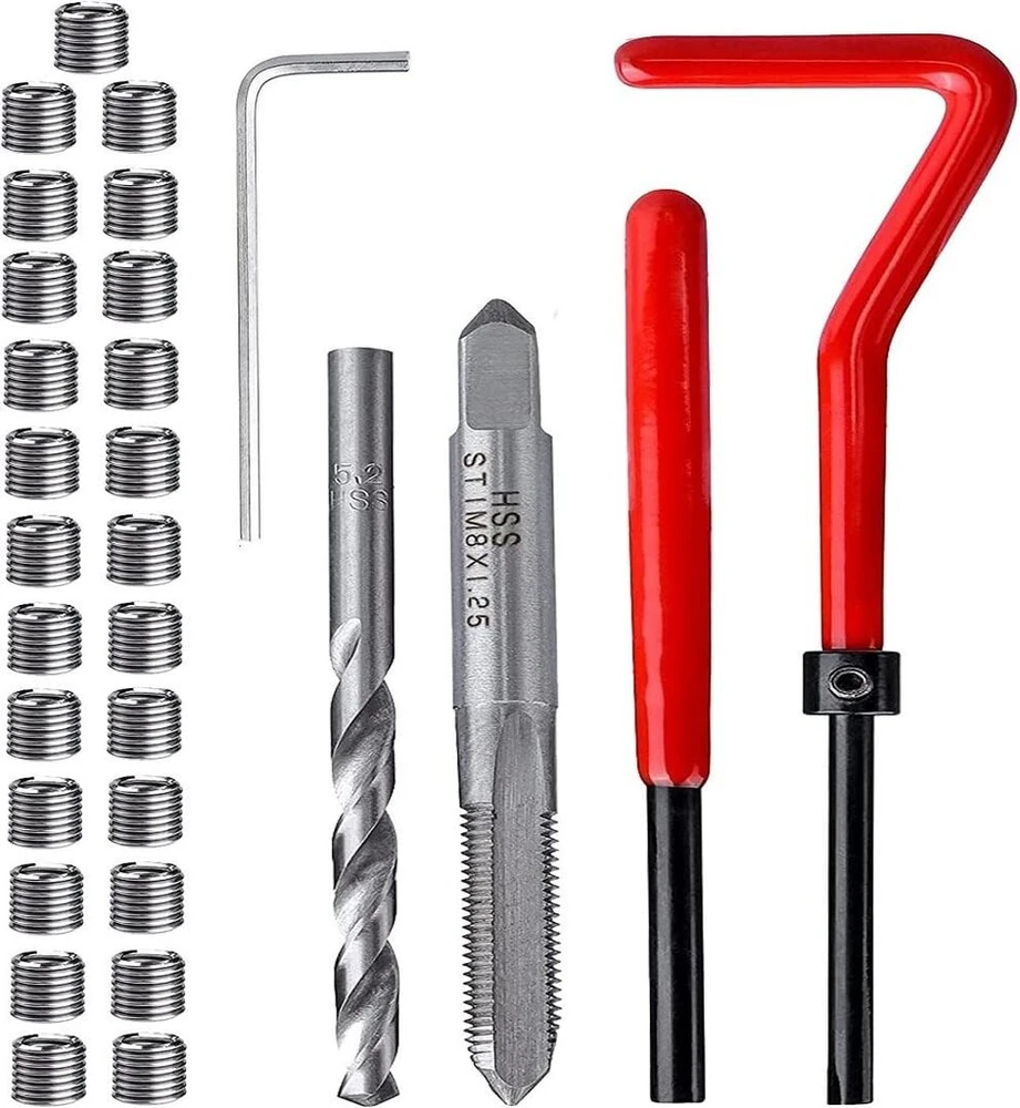 Fixinus 30 vnt. M8 x 1,25 mm sriegių remonto įdėklų rinkinys, nerūdijančio plieno sriegių remonto rinkinys, helicoil ritės suderinamas rankinių įrankių rinkinys automobilių remontui