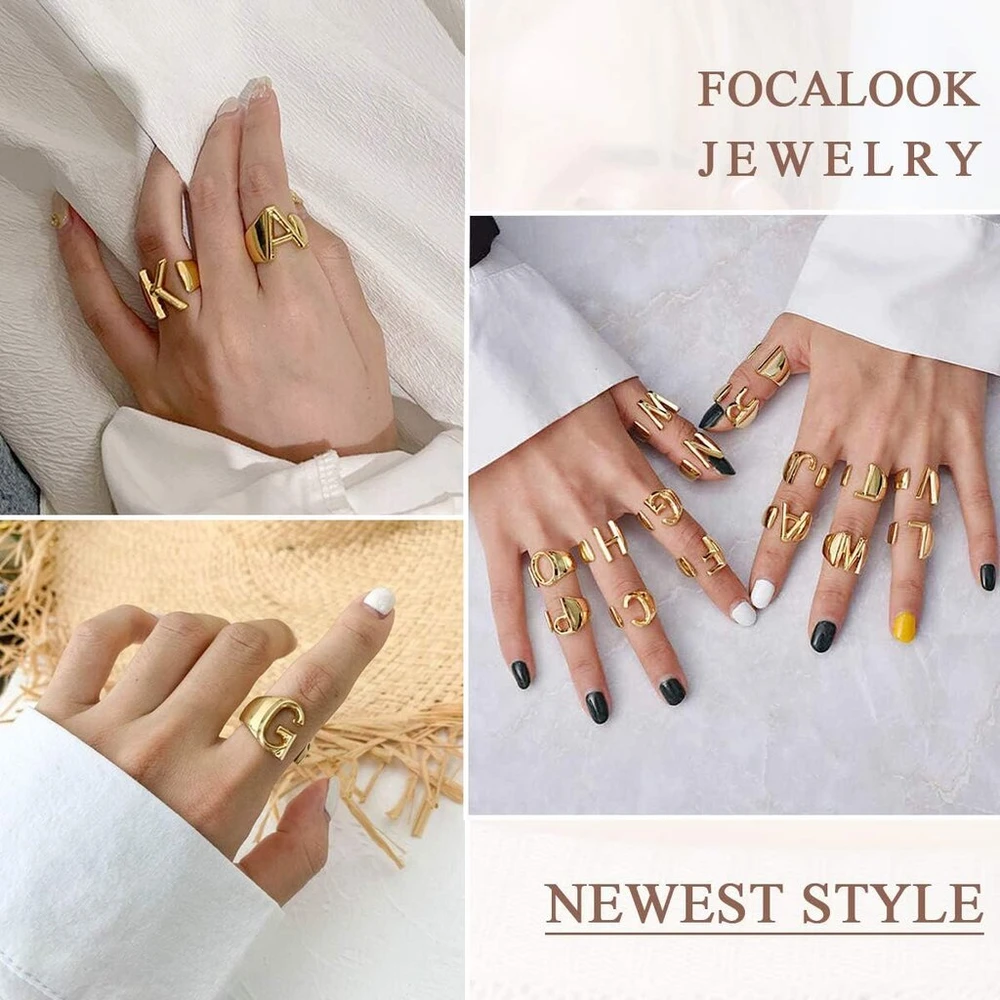 Focalook madingas žiedas, moteriškas ir vyriškas žiedas su inicialais, padengtas 18k auksu, atviras žiedas, personalizuotas žiedas, porų žiedas, madingi papuošalai, dovana gimtadieniui