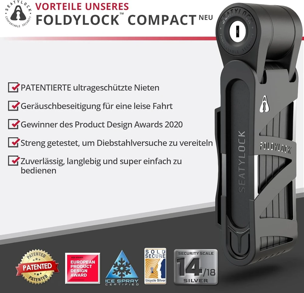 Foldylock compact dviračio sulankstoma spyna - patentuota bandymų nugalėtoja dviračio spyna su raktu ir laikikliu, užtikrinanti didelį saugumą - lengva ir saugi elektriniams dviračiams, el. paspirtukams ir paspirtukams - 85 cm