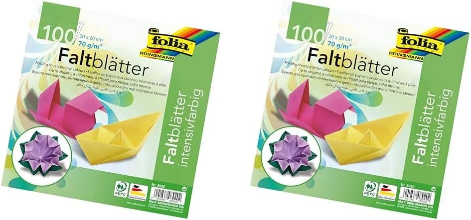 Folia 8920 lankstymo lapai 20 x 20 cm, 70 g/m², 100 lapų, asorti iš 10 intensyvių spalvų – idealiai tinka popieriaus lankstymui ir kitiems kūrybiniams darbams (2 pakuotės)