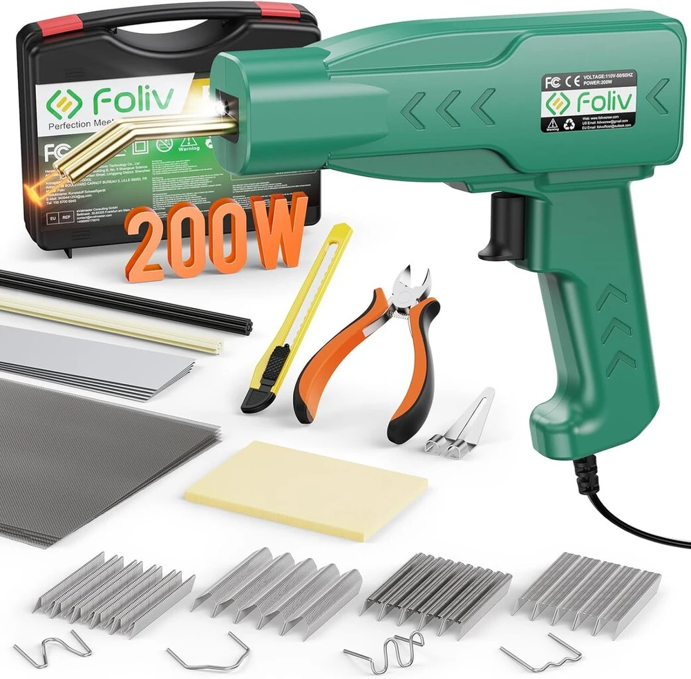 Foliv 200 W plastikų suvirinimo aparatas, plastikų suvirinimo aparato rinkinys, 2-in-1 suvirinimo aparatas, automobilio buferio remonto rinkinys su 1000 vnt. suvirinimo vinių, 16 plastikinių suvirinimo strypų ir švitriniu popieriumi, replės, peiliai