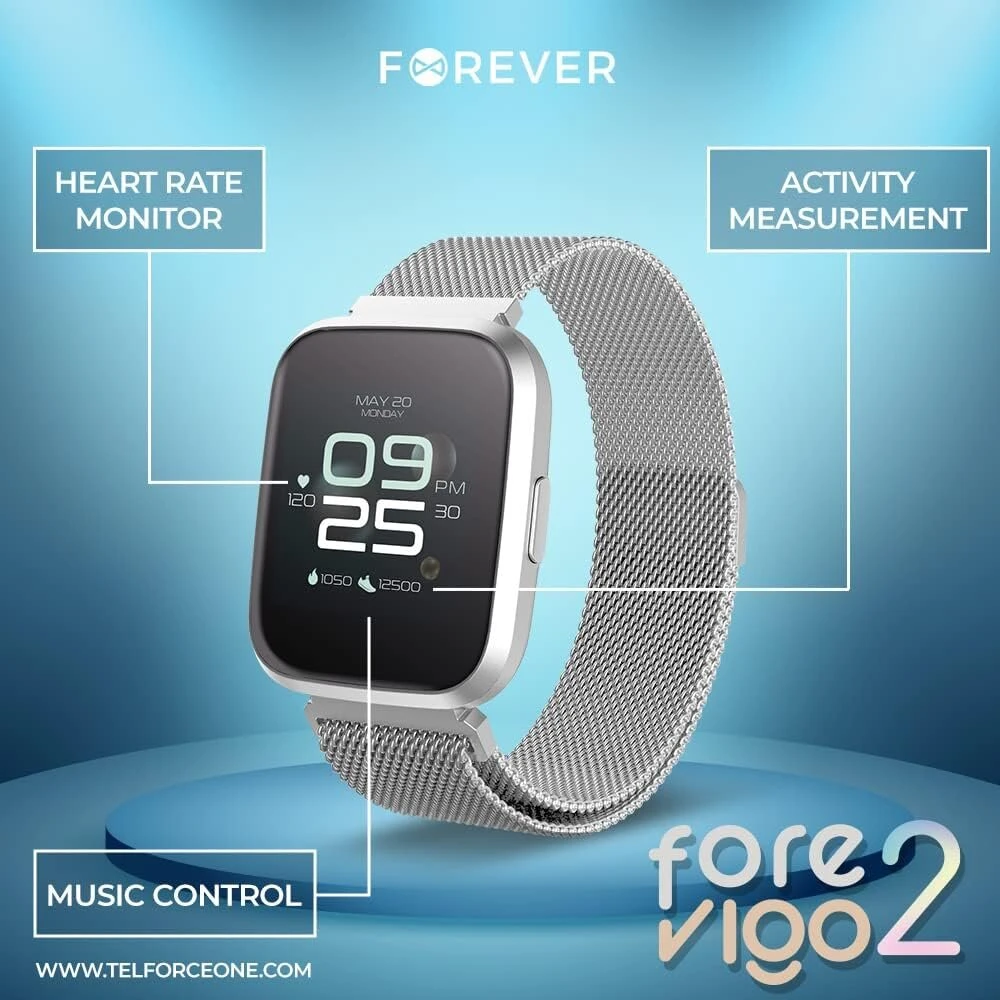 Forever Išmanusis laikrodis Forevigo 2 Sw-310 Ip68 Bluetooth: v 5.0, rezoliucija 240 x 240 px, 180 Mah baterija, 12 dienų, žingsniamatis, kalorijos, jungtys, 2 apyrankės (juoda) (sidabrinė)