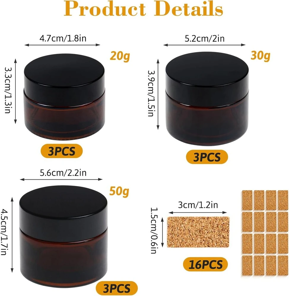 Forhandy 9 amber spalvos stiklainių rinkinys, stikliniai indeliai, 20 ml/30 ml/50 ml indeliai, kremo indeliai, rudi su dangteliu ir įdėklu, tepalo indeliai, kremo indeliai pildymui, stiklinės talpyklos, tuščios daugkartinio naudojimo talpyklos