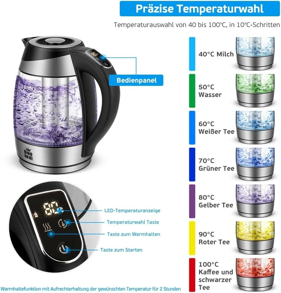 Forme stiklinis virdulys 1.8 l, temperatūros nustatymas, temperatūros pasirinkimas 40°c - 100°c, spalvą keičiantis led, be bpa, reguliuojamos temperatūros arbatinukas su arbatos sieteliu, stiklinis virdulys, šildymas