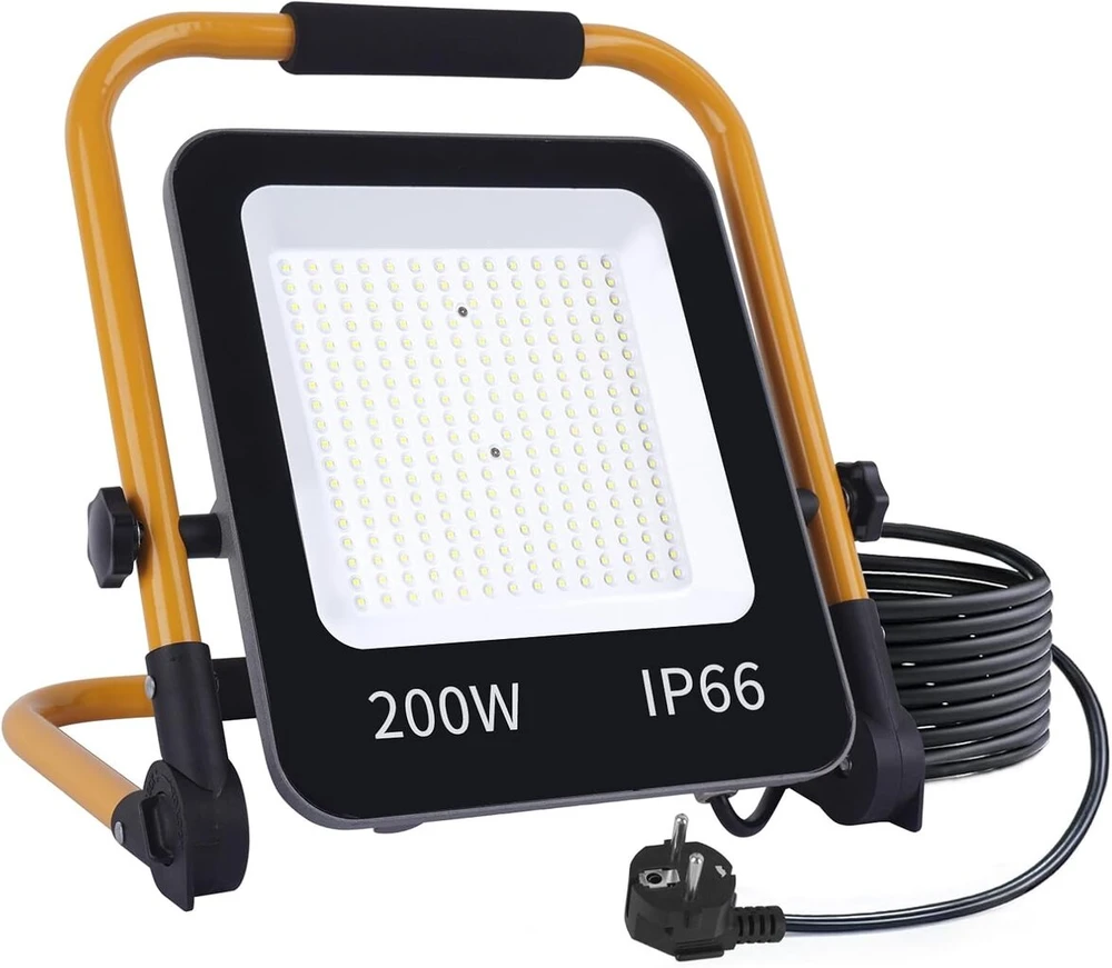 Fosingut led statybinis prožektorius 200 w, 20000 lm led prožektorius darbo lemputė su stovu / 2 m kabeliu / eu kištuku / šaltai balta statybinė lempa prožektorius, ip66 vandeniui atspari dirbtuvių lempa darbo lemputė garažui