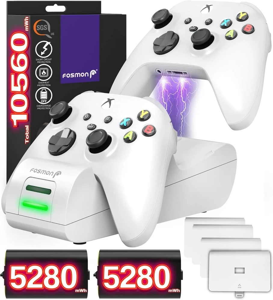 Fosmon XBOX One/one S/one X/elite valdiklio įkrovimo stotelės stovas, įkrovimo rinkinys [2x 1000mah baterija] [greitas dvigubas įkroviklis] led prijungimo stotelės įkroviklis, konsolės laikiklis [baterijų maitinimo blokai] - balta