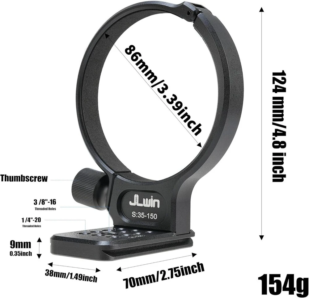 Fotga metalinis trikojo objektyvo tvirtinimo žiedas 86 mm, skirtas Samyang 35-150 mm F2-2.8 objektyvui, apačioje su 1/4 colio ir 3/8 colio greito atleidimo plokštele, skirta Acra-swiss trikojui