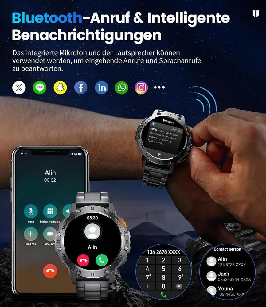 Foxbox išmanusis laikrodis vyrams, skirtas kariuomenei, su telefono funkcija, 1,43 colio amoled ekranu, išmanusis laikrodis su led žibintuvėliu, skirtas android ios, ip68 atsparus vandeniui, 24 val. širdies ritmo stebėjimas, 300+ ciferblatų, 110+ sporto r