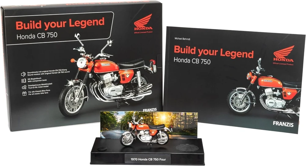 Franzis Honda Cb 750 Surink savo legendą 67215 metalinis modelio rinkinys 1:24 mastelis su garso moduliu ir 67 puslapių lydimuoju leidiniu
