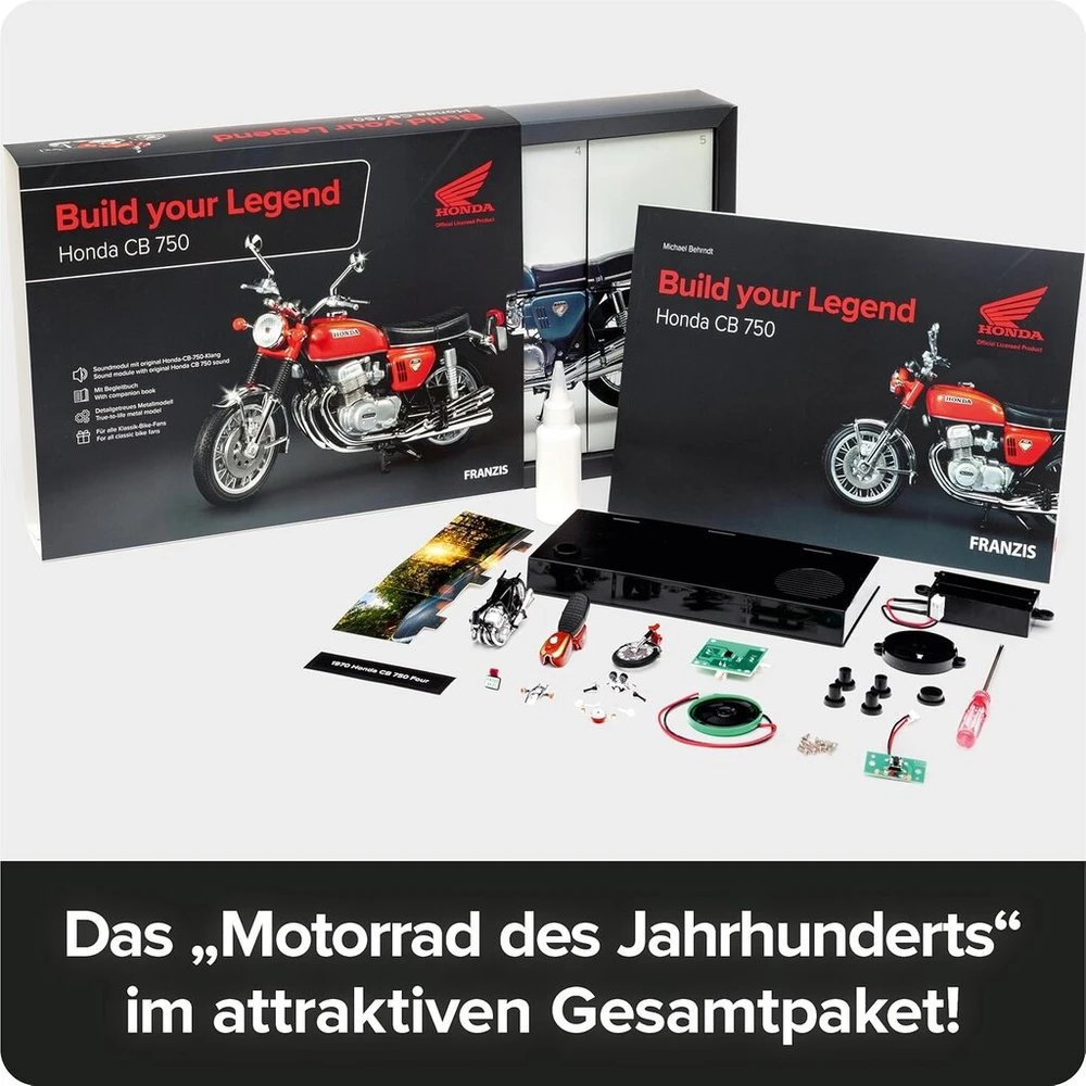Franzis Honda Cb 750 Surink savo legendą 67215 metalinis modelio rinkinys 1:24 mastelis su garso moduliu ir 67 puslapių lydimuoju leidiniu