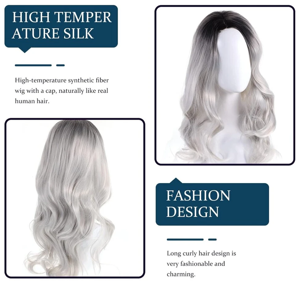 Frcolor ilgas banguotas garbanotas cosplay perukas lolitos stiliaus anime kostiumų perukai juodas ombre pilkas