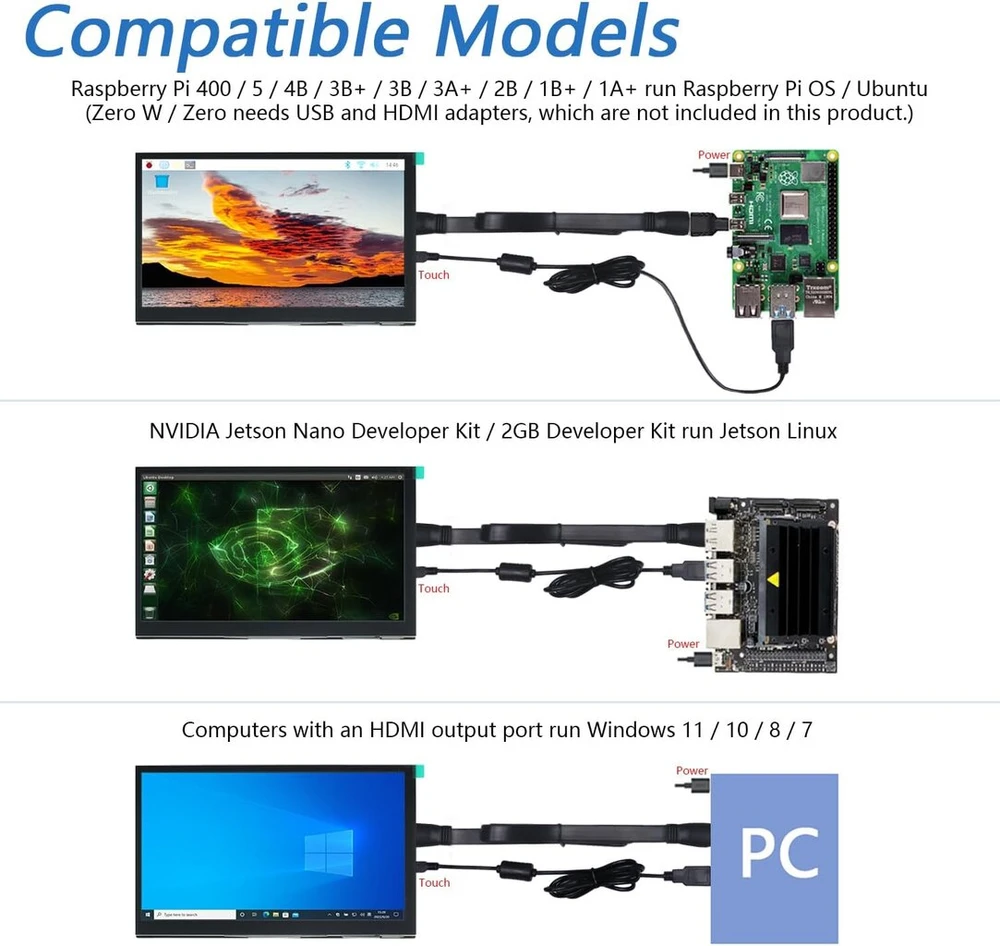 Monitorius Freenove 7 colių hdmi jutiklinis ekranas, skirtas raspberry pi 5 4 jetson nano pc (be korpuso), 1024 x 600 pikselių ips ekranas, 5 taškų talpinis jutiklinis ekranas